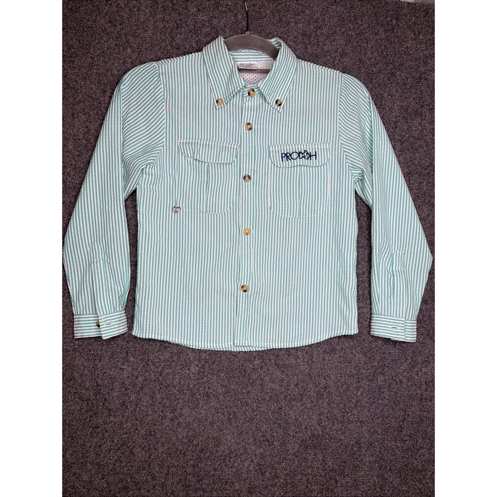 PRODOH Youth Boys Seersucker Stripe Vented Roll Tab Fishing Shirt Size 8